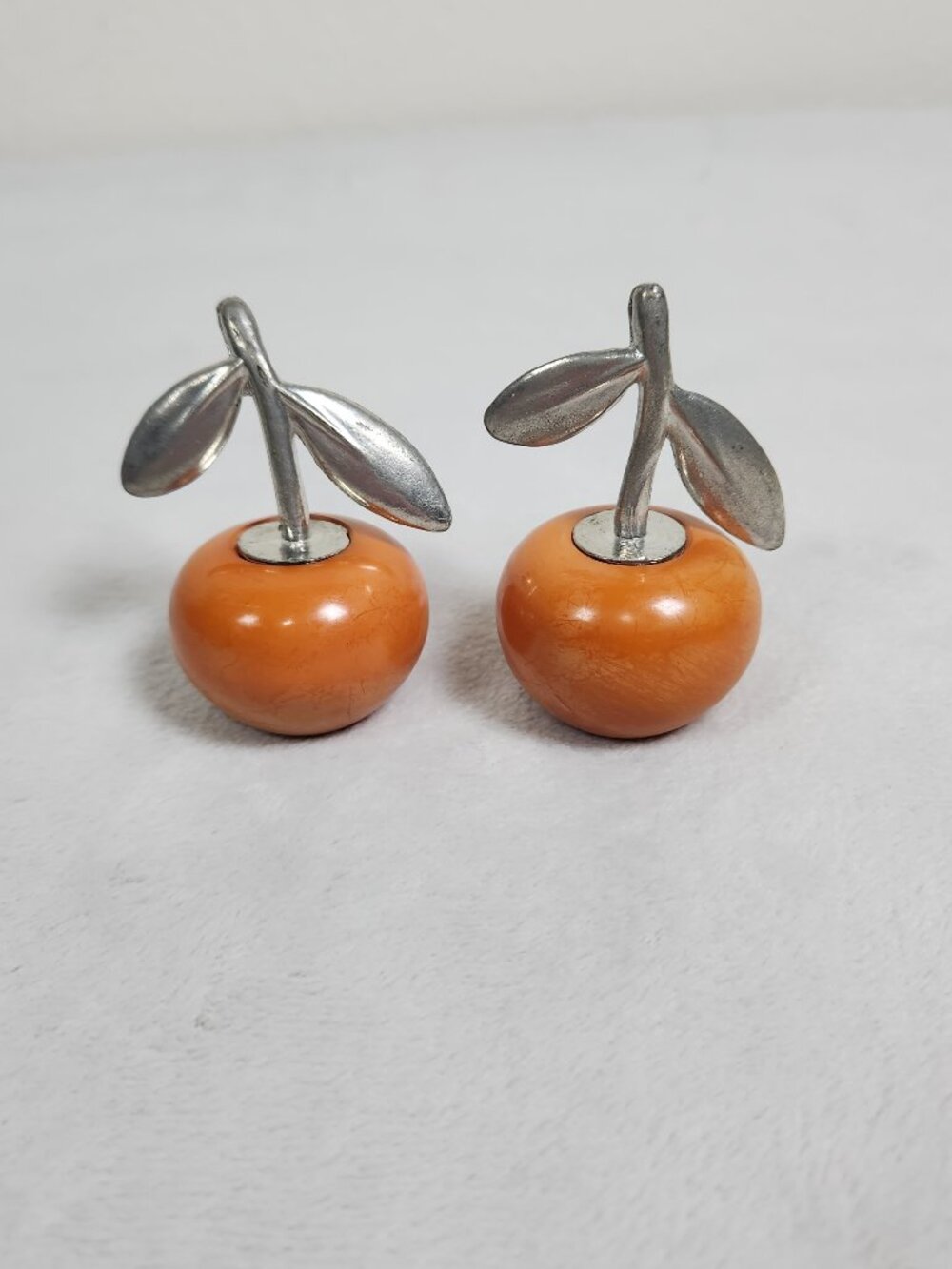 Bakelite Cherries Salt & Pepper Set Butterscotch Colored Screw on Top Vintage